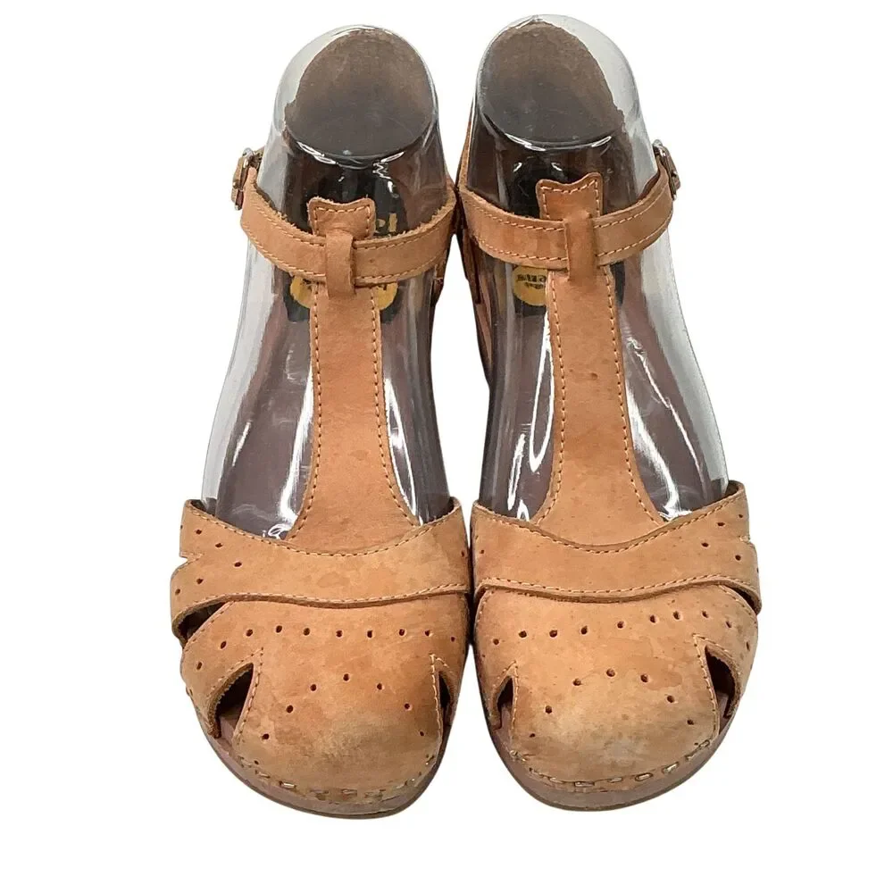 Toffel Swedish Clog Hasbeens T-Strap EU 38 Leather Wedge Heels Sandals Beige